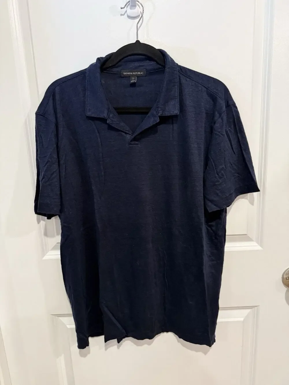 Banana Republic Polo Shirt Mens Sz L Tall Navy Linen Lightweight Soft Summer